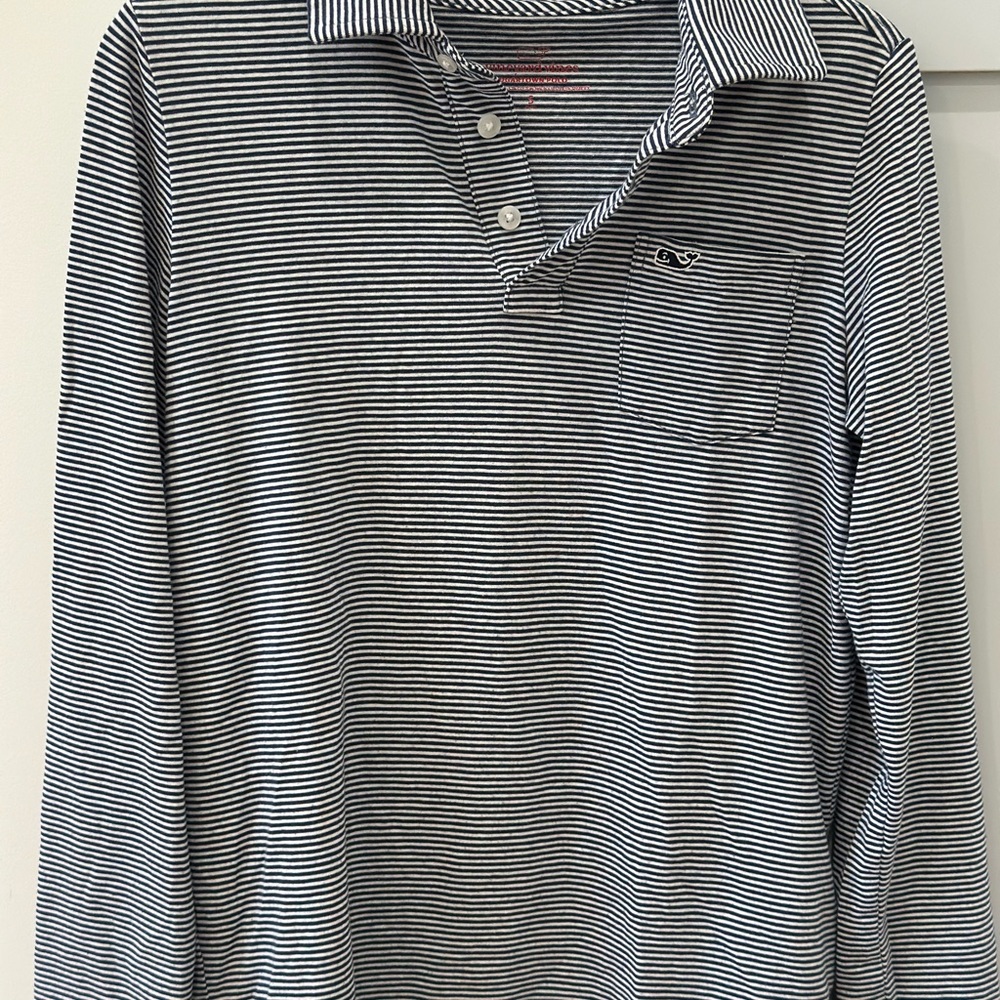 Boys Navy Blue and White Striped Shirt